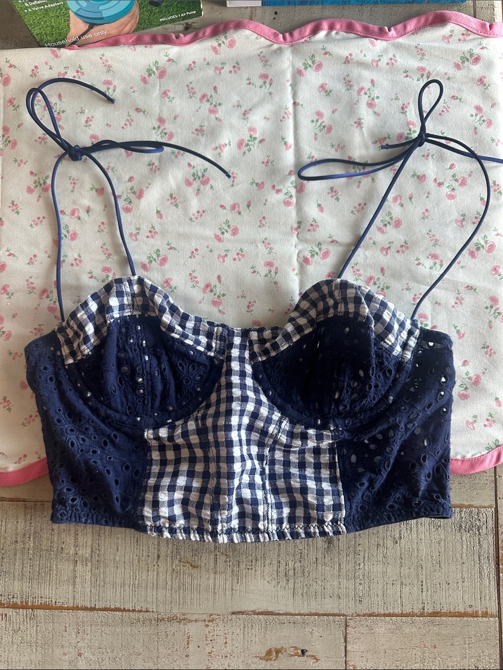 Urban Outfitters Navy Gingham Eyelet Bustier Camisole